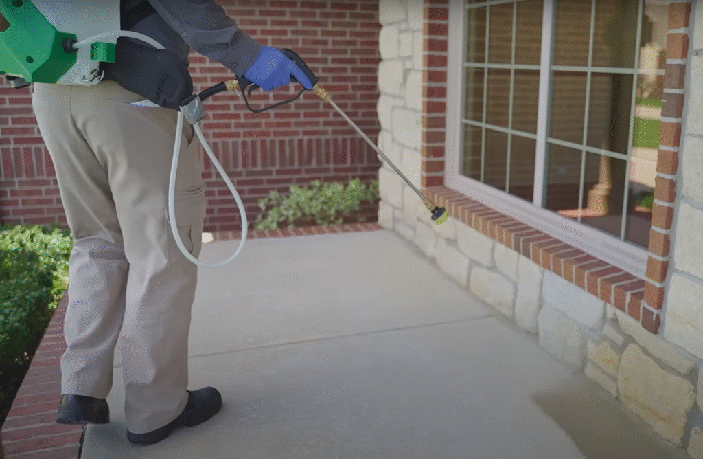 A technician spraying the exterior of a home foundation as part of professional Pest Control Service in Englewood to prevent pests from entering indoors