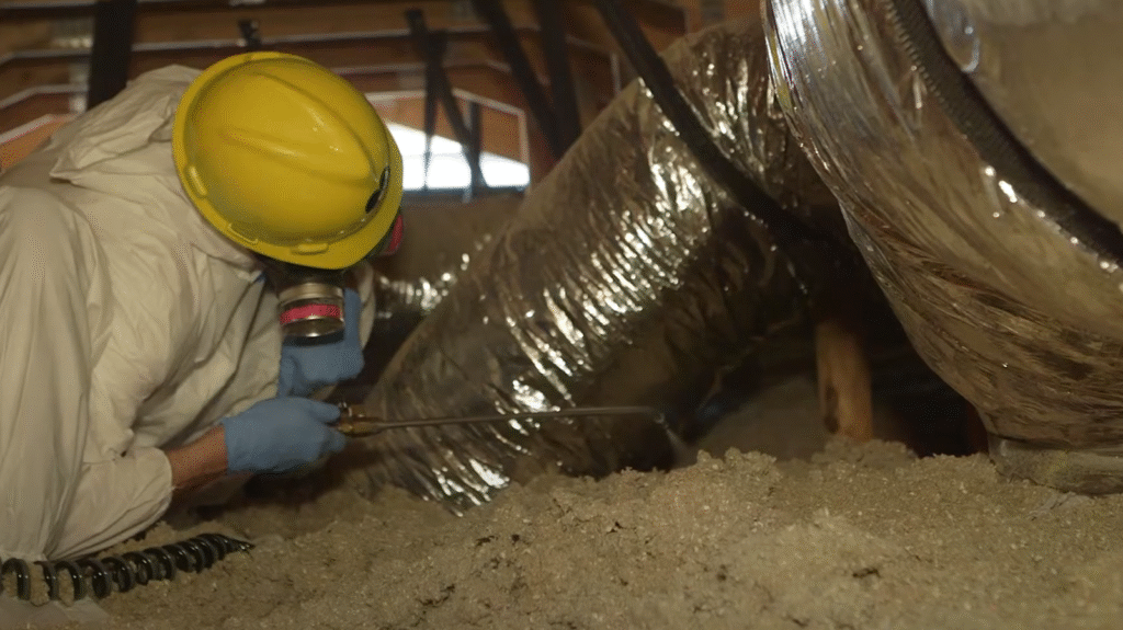 Worker in attic with protective gear and sprayer applying Pest Control Service in Englewood to prevent pests in hidden areas.