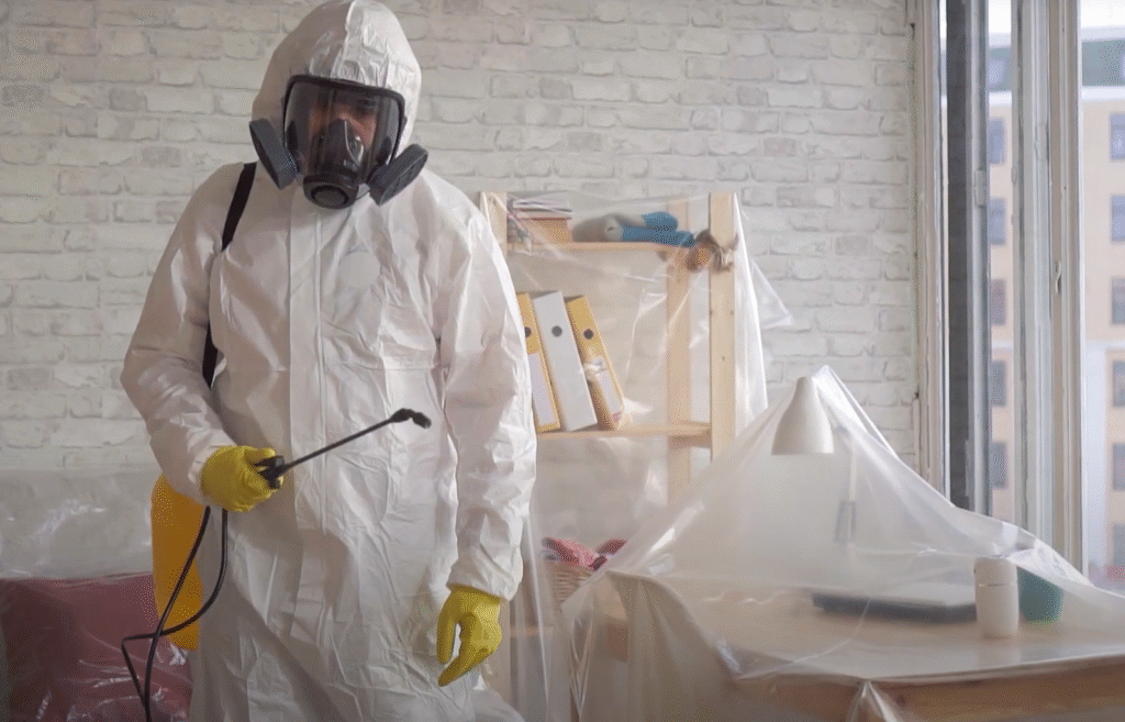 Technician in full protective suit with a sprayer providing Pest Control Service in Englewood for safe indoor treatments.